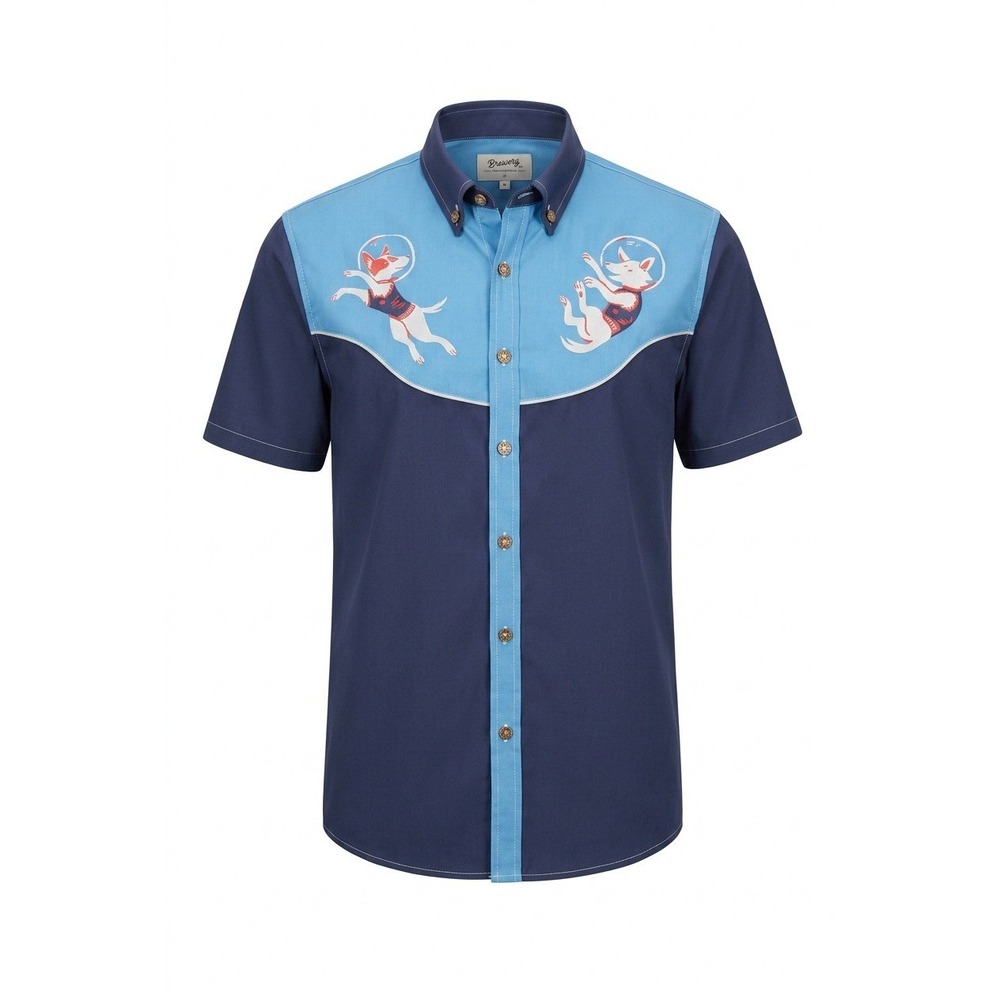 Boozelele Mens Belka Space Dog Western Button Up Shirt Blue Short Sleeve Large